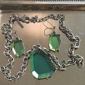Lane Bryant silver tone necklace and earring set with green acrylic stones.